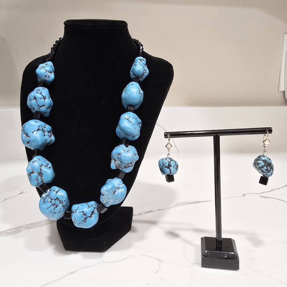 Vintage Howlite Faux Irregular Turquoise Nuggets Handmade Necklace & Earrings